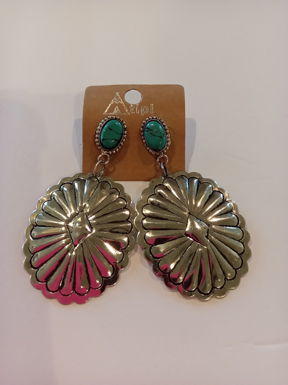 Atipi Western Style Silver-Tone  Large Concho Drop Earrings with Turquoise NWT